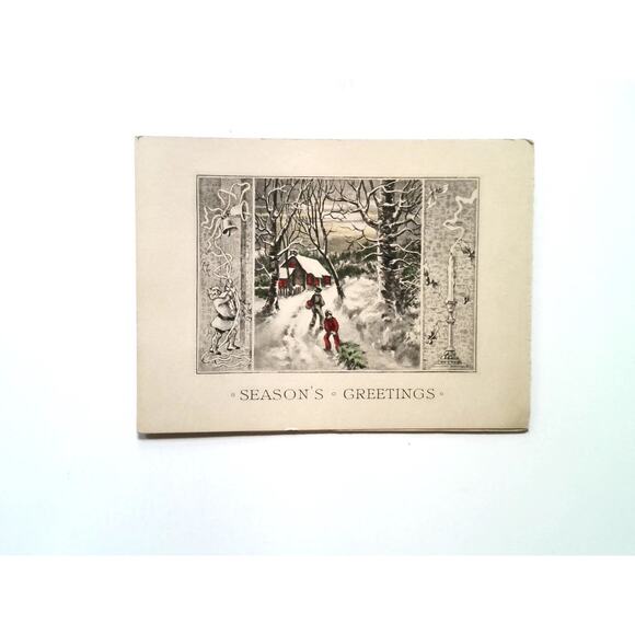 Vintage Season's Greetings Christmas Card Snow Scene Red Accents Foldout - Picture 1 of 3